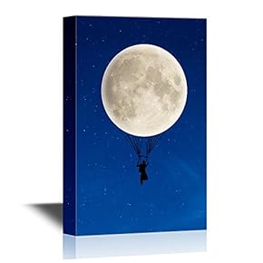 Canvas Wall Art - Man Flying with The Moon Creative Flying Concept - Gallery Wrap Modern Home Art | Ready to Hang - 12x18 inches