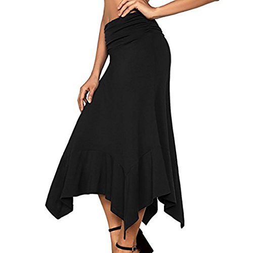 Clearance! Elogoog Women Solid Flowy Handkerchief Hemline Midi Skirt Flared High Waist Long Skirts (Black, L) - Thumbnail 2