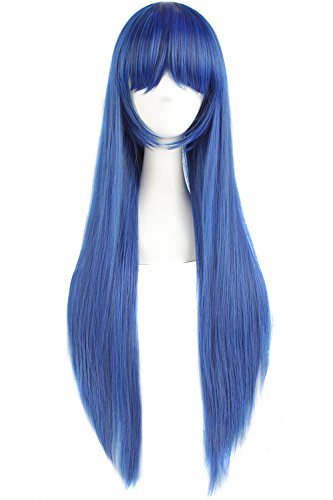 MapofBeauty 32" 80cm Long Straight Anime Costume Cosplay Wig Party Wig (Dark Blue/ Black)