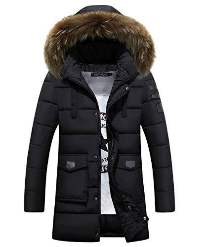 SHDIBA Men's Winter Thicken Parka Down Coats Jacket Slim Fit Windproof Rain Casual Long Jacket With Fur Hood Outwear (Black, 3XL)