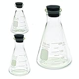 Corning Pyrex #4980 Erlenmeyer Narrow Mouth, Glass Flask Set with Rubber Stoppers - 3 Sizes - 50mL, 125mL, 250mL