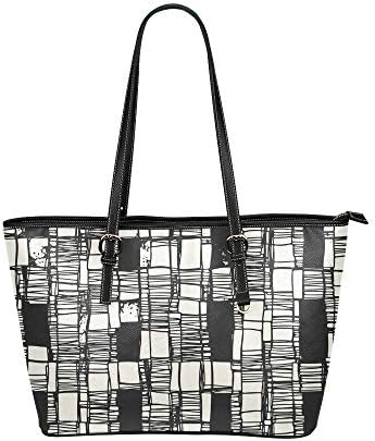 Black White Plaid Texture Large Leather Portable Top Handle Hand Totes Bags Causal Handbags Zipped Shoulder Shopping Purse Luggage Organizer For Lady Girls Womens