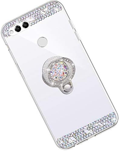 Qjuegad Compatible with Huawei Honor 7X Case Shockproof Soft Rubber Bumper Case Non-Slip Glitter Rhinestone Back Cover Super Thin Mirror Surface Case with Rotating Ring Holder, Silver