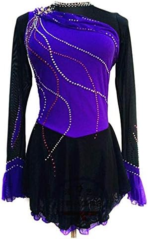 LINGXU Figure Skating Dress for Girls Women, Handmade Roller Skating Dress Ice Skating Competition Costume with Crystals Long Sleeved Jerseys, Purple