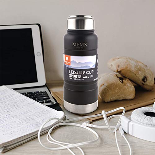 MEMX Stainless Steel Vacuum Insulated Water Bottle, 17 Ounce Sports Thermos Flask, Built-in Filter Thermo Mug, Keeps Hot or Cold with Double Wall Insulated Sweat Proof Design, Black.