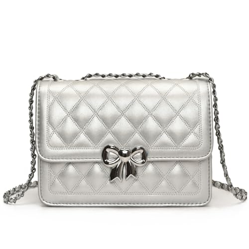 Jansben Handtasche Damen Klein - Kleine Umhängetasche Leder Crossbody Bag Mit Kettenriemen Gesteppte Mehrere Fächer Tasche Silber