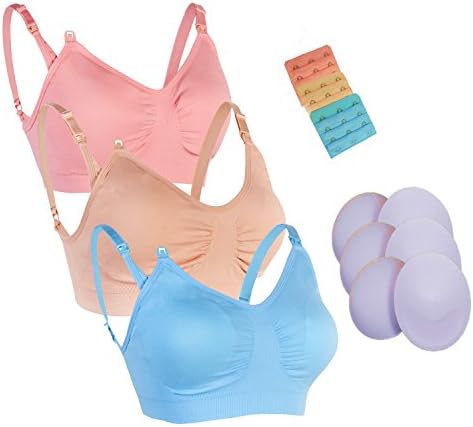 Breastfeeding Bra Pregnancy Maternity Bralette 3 pairs Removable Smart Pad 3 Extenders 3PK HuaErZui