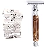 Double Edge Safety Razor with Long Natural Bamboo Handle - Experience A Better Shave - Includes 5 Blades - Eco Friendly Male Grooming - WowE LifeStyle Products