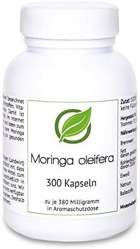 Moringa (Moringa oleifera) - 300 Capsules of Premium Quality, Each of 380 milligrams - 100% Natural (Aroma Protection Container)