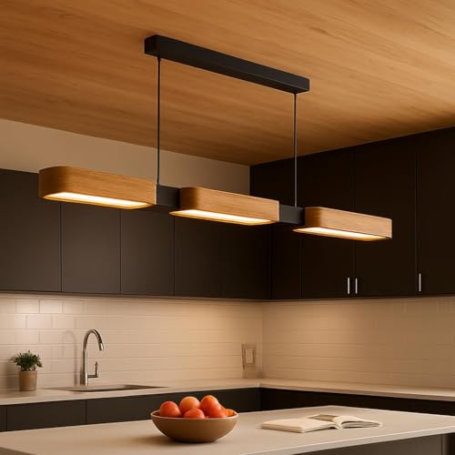 Epochglo Modern Wooden Kitchen Chandelier 90cm LED Lamp for Dining Room and Kitchen Island Dimmable 3000K-6500K with Remote Control and Memory Function