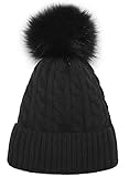 Women Knit Hat Winter Beanie with PomPom Slouchy Hats Skull Cap Thick Fleece Lining (black)