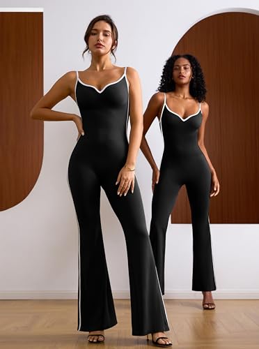VILANVA JUMPSUITS FOR WOMEN TUMMY CONTROL BLACK ONE PIECE OUTFIT STRETCH FLARE ROMPER M