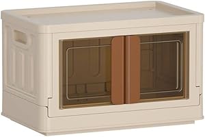 HAIXIN Storage Bins with Lids - Collapsible Storage Bins, Plastic Storage Bins for Closet Organizer, 8.4 Gal Folding Storage Box, Stackable Book Bins, Containers for Organizing, Milk White with Brown Handle