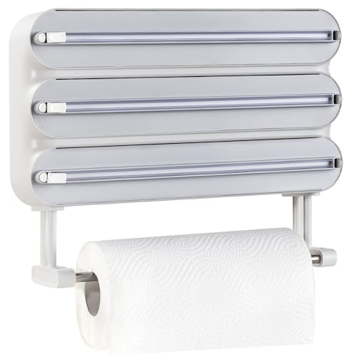Quasziwa 4-in-1 Wall Mounted Kitchen Roll Holder - Foil Dispenser and Magnetic Aluminium, Professional Foil Paper Cutter with Removable Roll Holder - Easy to Install and Space Saving, White