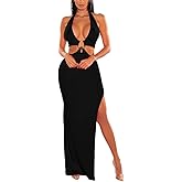LuFeng Women's Sexy Sleeveless Halter V Neck Side Waist Cutout Backless Bodycon High Slit Maxi Long Dress