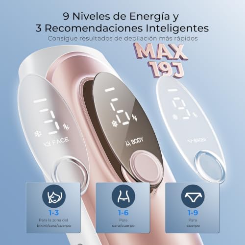 Depiladora Laser con Tecnología de Refrigeración con Zafiro, Depiladora Luz Pulsada Flashes Ilimitados, 2 Modos, 9 Niveles de Intensidad para Bikini, Axilas, Cara, Cuerpo, Mujeres y Hombres, Rosa