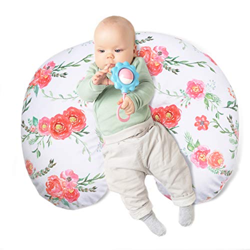 BORITAR Minky Nursing Pillow Covers 2 Pack, Super Soft Breastfeeding Pillow Slipcover with Pink Floral Multicolor Floral Printed and Pink Dotted Backing