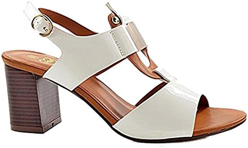 Ladies Fabs Patent Faux Leather Peep Toe Sling Back T Bar Wood Effect Mid Block Heel Sandals Shoes Size 3-8