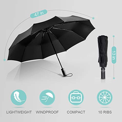 Wsky Auto Windproof Umbrella - Best 10-Rib Travel Folding Umbrella Compact for Men Women - Perfect for Travel, Rain, Storms, Hail or Harsh Outdoors