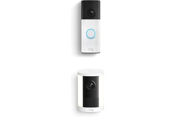 Ring Battery Doorbell (newest model), Speckled Gray with Spotlight Cam, Battery (newest model), White