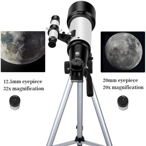Telescópio para Adultos Iniciantes, 70 mm, 400 mm de abertura, suporte AZ completo, multicamada, refrator, telescópio tripé de viagem, adaptador de telemóvel (branco)