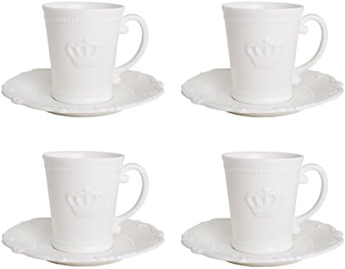 Porcelain Tea Cup and Saucer Coffee Cup Set with Saucer 7-Ounce Bone China White Embossed with Crown,Set of 4