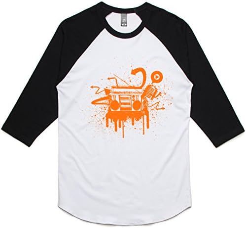 theIndie Boombox Graffiti (Orange) 3/4-Sleeve Raglan Baseball T-Shirt, White / Black, L