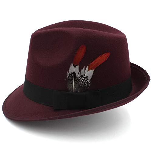 England Fedora Hat, Feather Black Gentleman Hat,Wedding Hat, Bride Groom Hat, Retro Jazz Hat For Men And Women, by jdon-hats, (Color : Dark Red, Size : 56-58cm) - Thumbnail 2