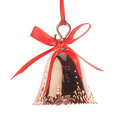 Personalized Christmas Bell Ornament, Rose Gold Tone Metal, Includes Red Hanging Ribbon, Seasonal Décor – Measures 2 ¾” High x 2 ½” Long x 2 ½” Wide