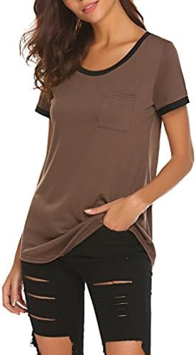 Queensheero Women's Summer Short Sleeve Contrast Color Cotton T-Shirts with Pocket