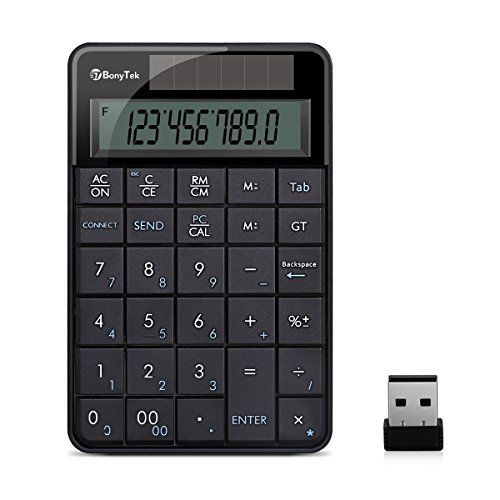 2-In-1 Keypad ï¼† Calculator, BonyTek Wireless Numeric Keypad USB Number Pad Numpad with 29 Keys for Laptop PC Windows, Solar Batteries Dual Power Financial Accounting Calculator for Office Home