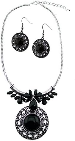 Black Onix Stone Round Cabochon Medallion Necklace in Snake Chain With Matching Earrings