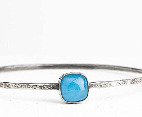 Blue Jade Gemstone Bangle Bracelet in Sterling Silver