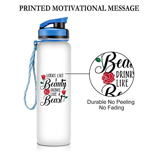 LEADO 32oz 1Liter Motivational Tracking Water Bottle with Time Marker - Looks Like a Beauty Drinks Like a Beast - Funny Birthday Gifts for Women Friends, Coworkers, Girls, Wife, Daughter, Sister, Her
