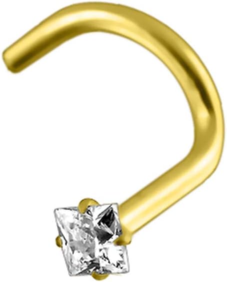 9K Solid Yellow Gold Claw Set Square CZ Stone Nose Stud Piercing Jewellery