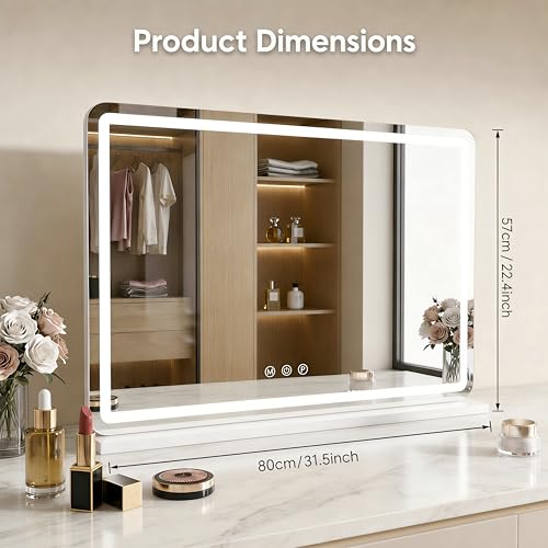 Vanity Mirror with Lights, 80 * 57CM Large Makeup Mirror with LED Lighted, Dressing Table Mirror with 3 Color Dimmable Lights, Touch Control, 5X Magnification for Wall & Desk Tabletop