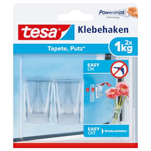 tesa UK Smart Mounting System Clear Hooks with Removable Adhesive Strips for Damage Free Hanging, (77735-00002-00)