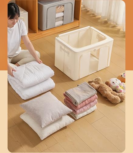 Clothes Organizer, 2 Pack Foldable Metal Frame Clothing Storing Bins with Double Visable Window, Large Capacity Cloth Container with Reinforced Handles, Storage Box, (Cream Yellow) (100L)