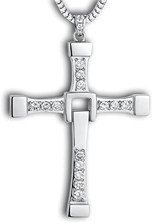 925 Sterling Silver Genuine Rhinestone CZ Fast and Furious 7 Cross Charm Pendant Necklace for women