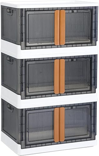 Keqin 3 Pack Collapsible Storage Bins with Lids & Wheels, Large Capacity Plastic Toy Storage Container, Multi Layered Transparent Organizer Box for Home Office Trunk Outdoor, 19 Gal