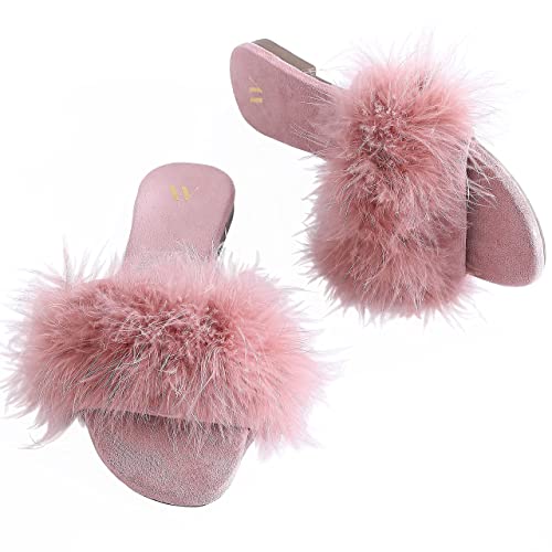 Amélie Home Women\'s Sexy Fashion Slide Slippers - Blush Furry Turkey Feather Open Toe Comfy Fuzzy Suede Lined House Sandals for Spring & Summer,Size 6