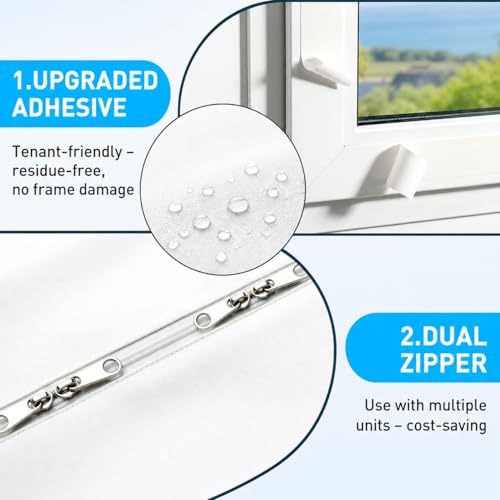 UtauHom AC Window Seal for Portable Air Conditioner & Tumble Dryer 400cm - Upgraded Dual Zippers & Non-Marking Adhesive, Hot Air Block Kit, Universal for Casement Windows