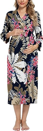 XPENYO WOMEN’S MATERNITY SLEEPWEAR ROBES LONG BATHROBE PREGNANCY LOUNGEWEAR LABOR/DELIVERY/NURSING/HOSPITAL NIGHTGOWN, BIG LEAF PINK FLORAL S