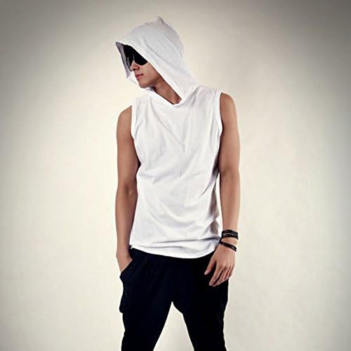 men's bodybuilding Fitness sleeveless vest cotton hooded Tank Tops Men's golds Sweatshirt Hoodies Solid Single (White XL)