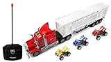 Racing 500 Trailer Remote Control RC Transporter Semi Truck Ready to Run w/ 3 Toy ATVs (Colors May Vary)
