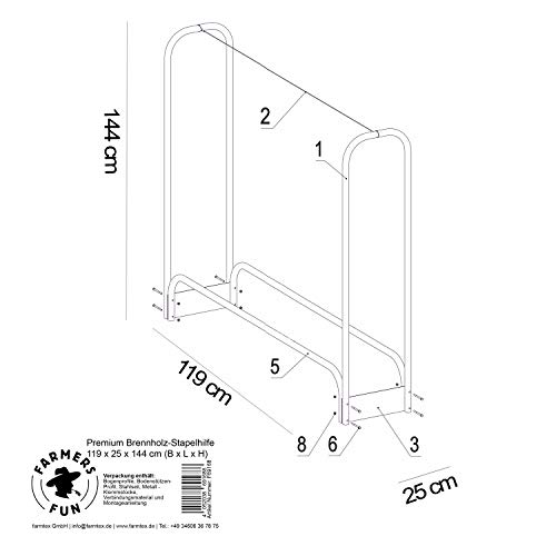 FARMERS FUN Premium Brennholz-Regal, Kaminholz Lagerung, 119 x 25 x 144 cm (L x B x H), verzinktes Stahlrohr – Bild 7
