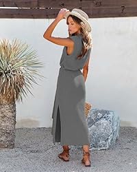 Asskdan Womens Elegant Solid A-Line Sleeveless Slit