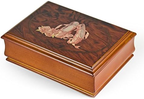 Traditional Music Box with Artistic Ballerina Pointe Shoe Motif on Dark Wood Tone, Stunning 18 Note Musical Jewelry Box with 400+ Song Choices and Mirror in Interior – Ideal for Valentine’s