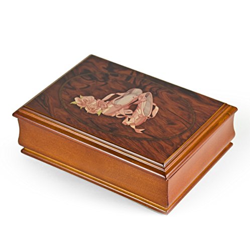 Traditional Music Box with Artistic Ballerina Pointe Shoe Motif on Dark Wood Tone, Stunning 18 Note Musical Jewelry Box with 400+ Song Choices and Mirror in Interior – Ideal for Valentine’s