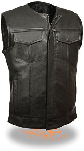 SOA Motorcycle Vest with Snap &amp; Zipper-Front Closure.Dual Concealed Gun Pockets (Medium, Collarless)